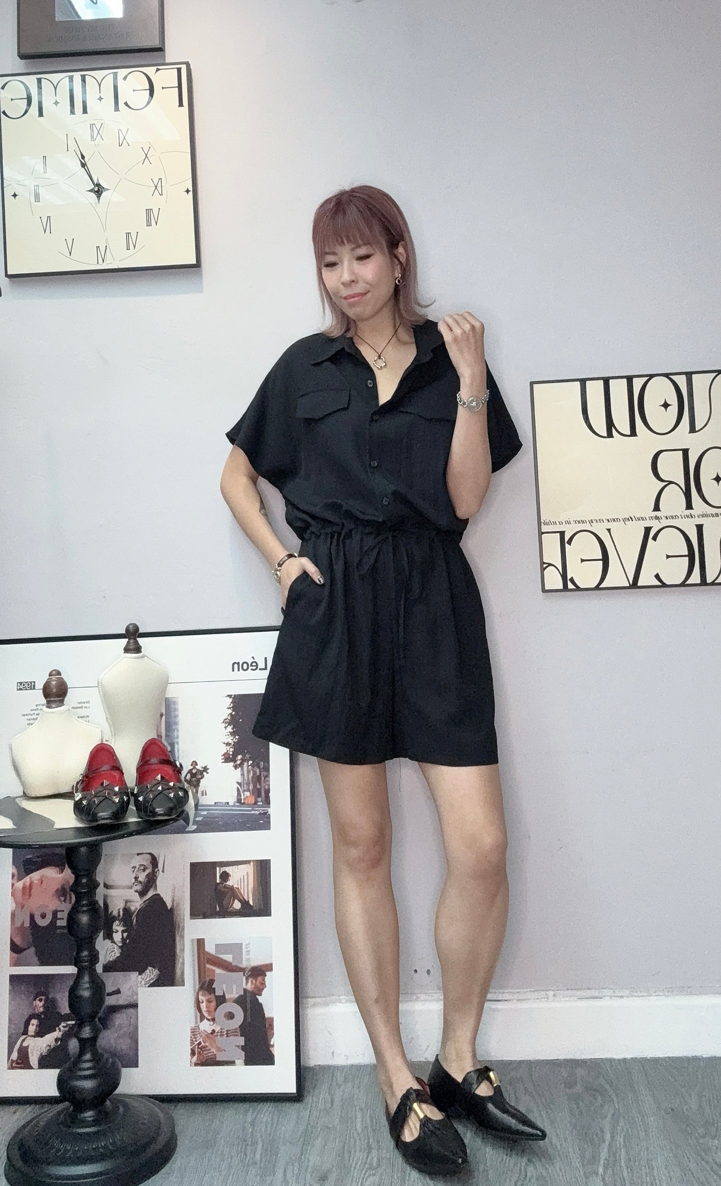Shirt collar short jumpsuit #00448