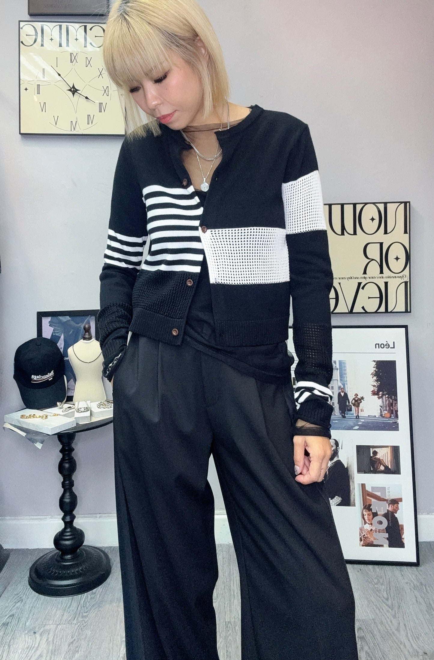 Black and white knit cardigan