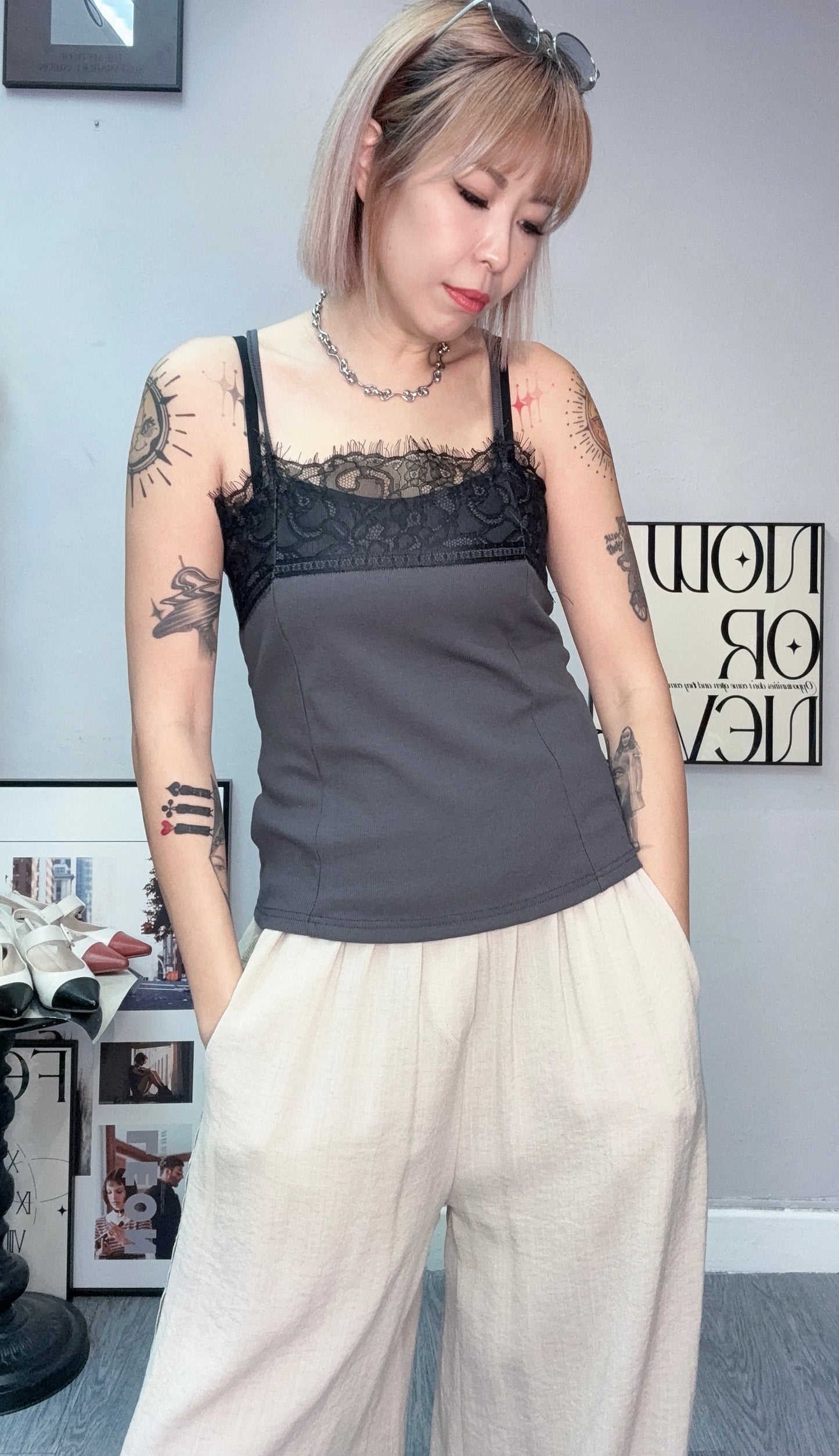 Front lace rib cami #00745