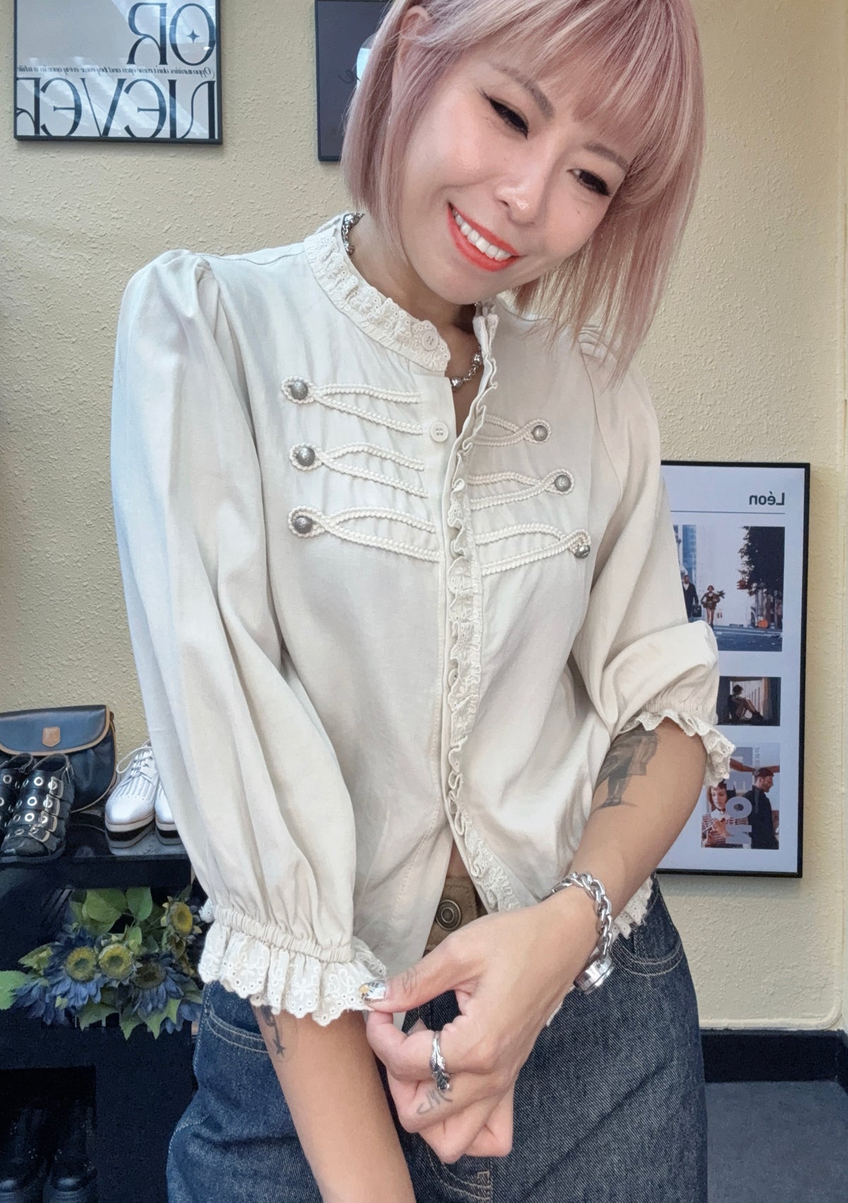 Puff sleeves embroidery trim blouse #00897
