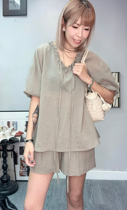 Ruffle trim puff sleeves set #00719