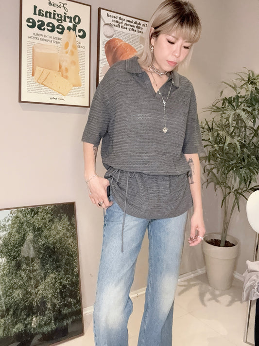 V neck embroidery polo top #00377