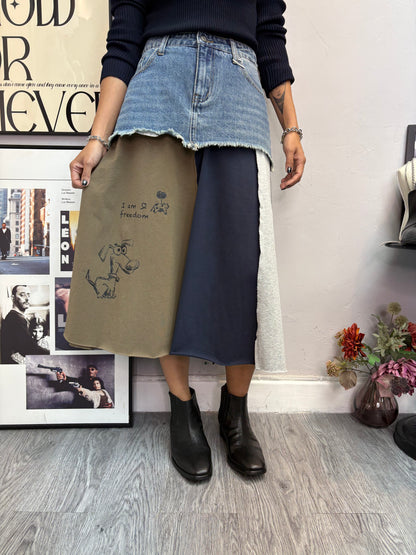 Denim X printed cotton skirt