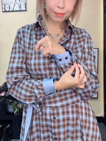 Checkered silky shirt collar one piece #00977