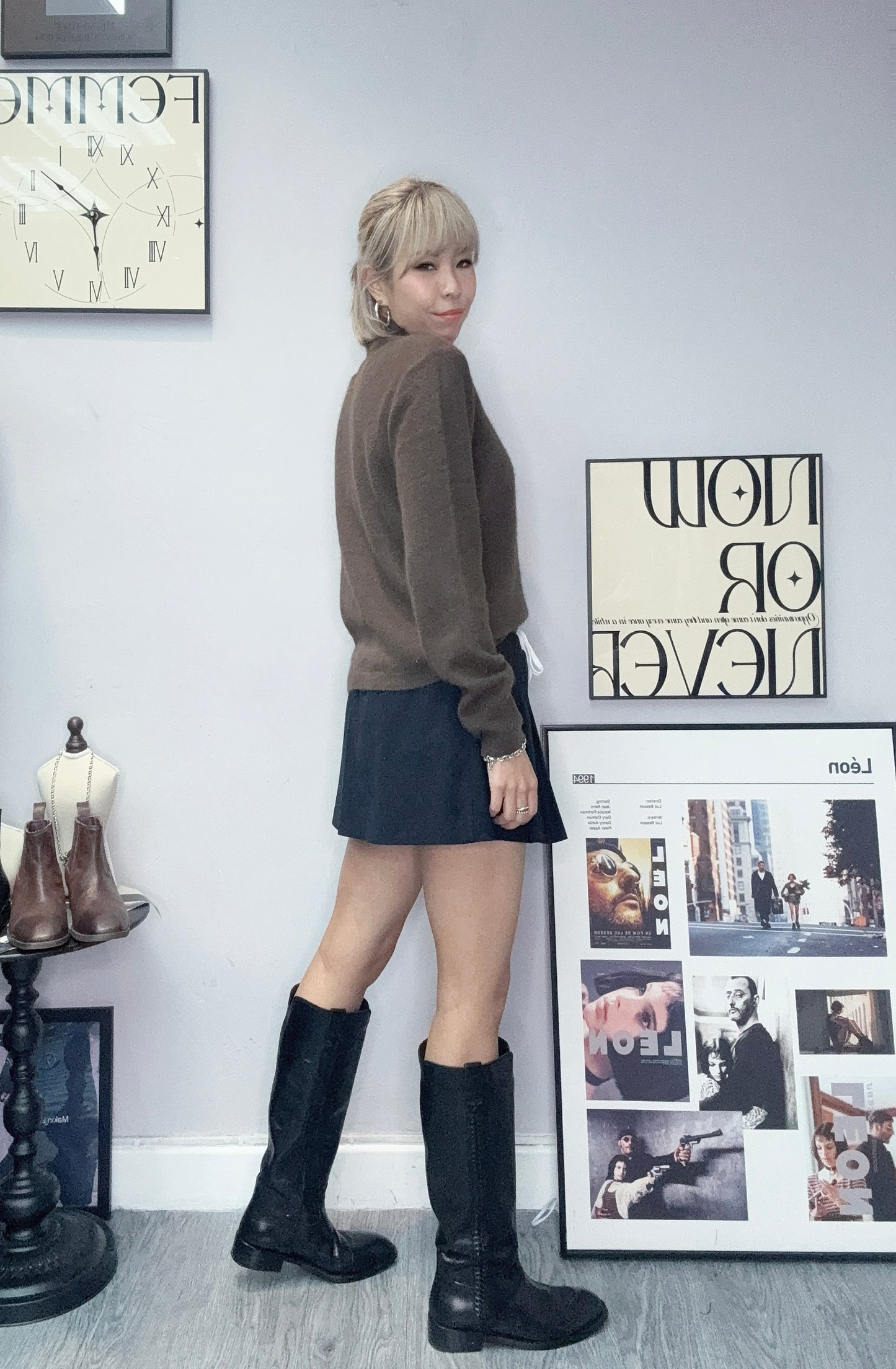 Tie collar wool top #00085