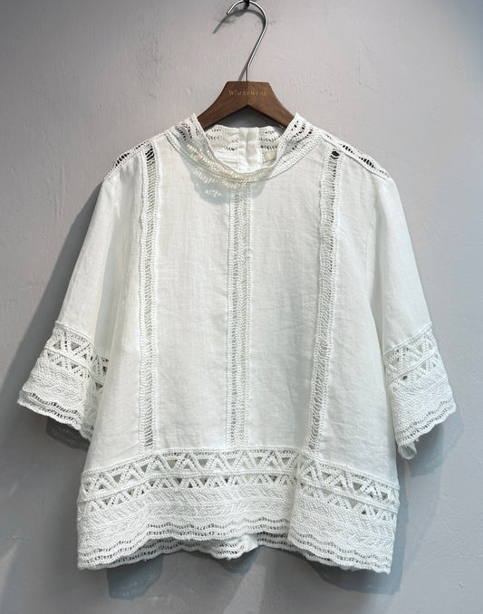 Embroidery lace linen blouse #00737