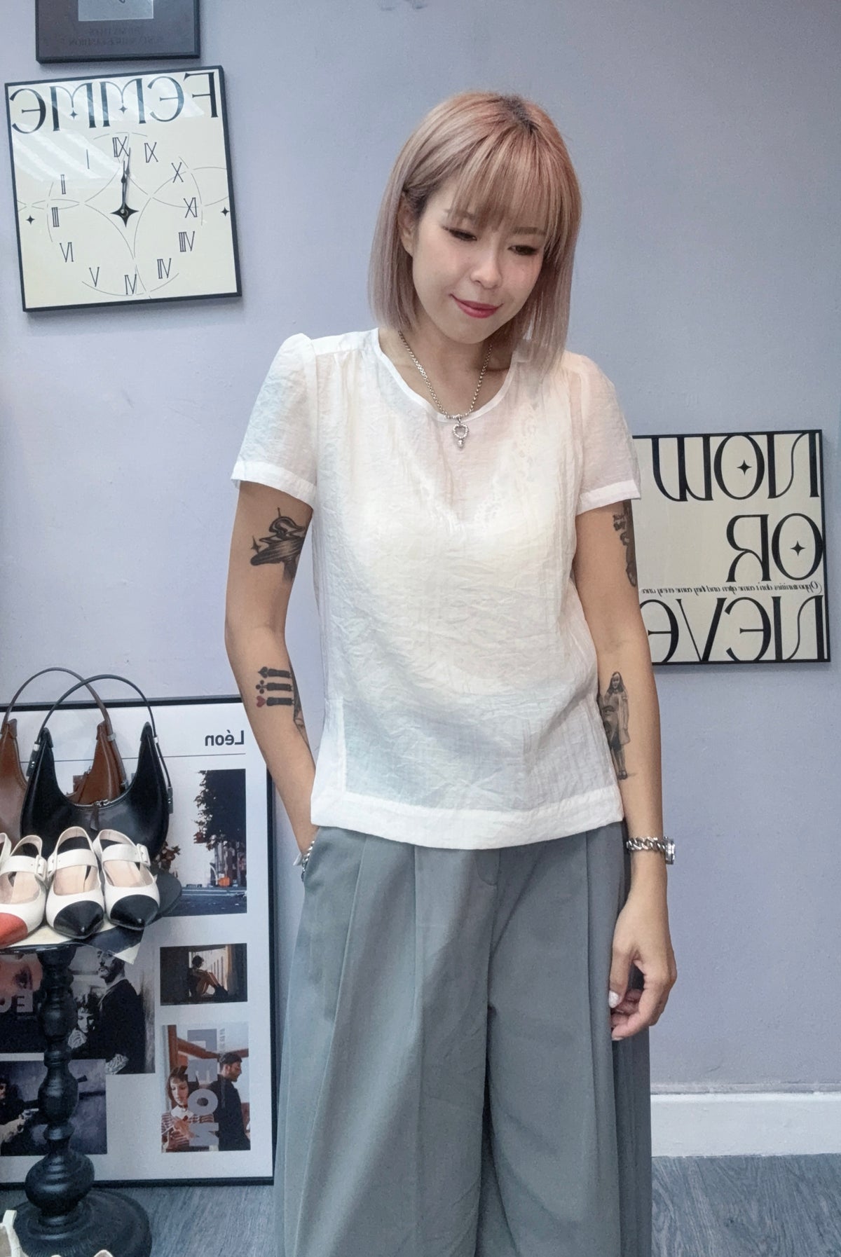 Back tie plain blouse#00999