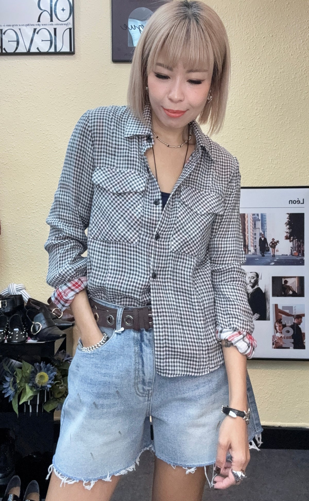Mini checkered slim shirt #00996