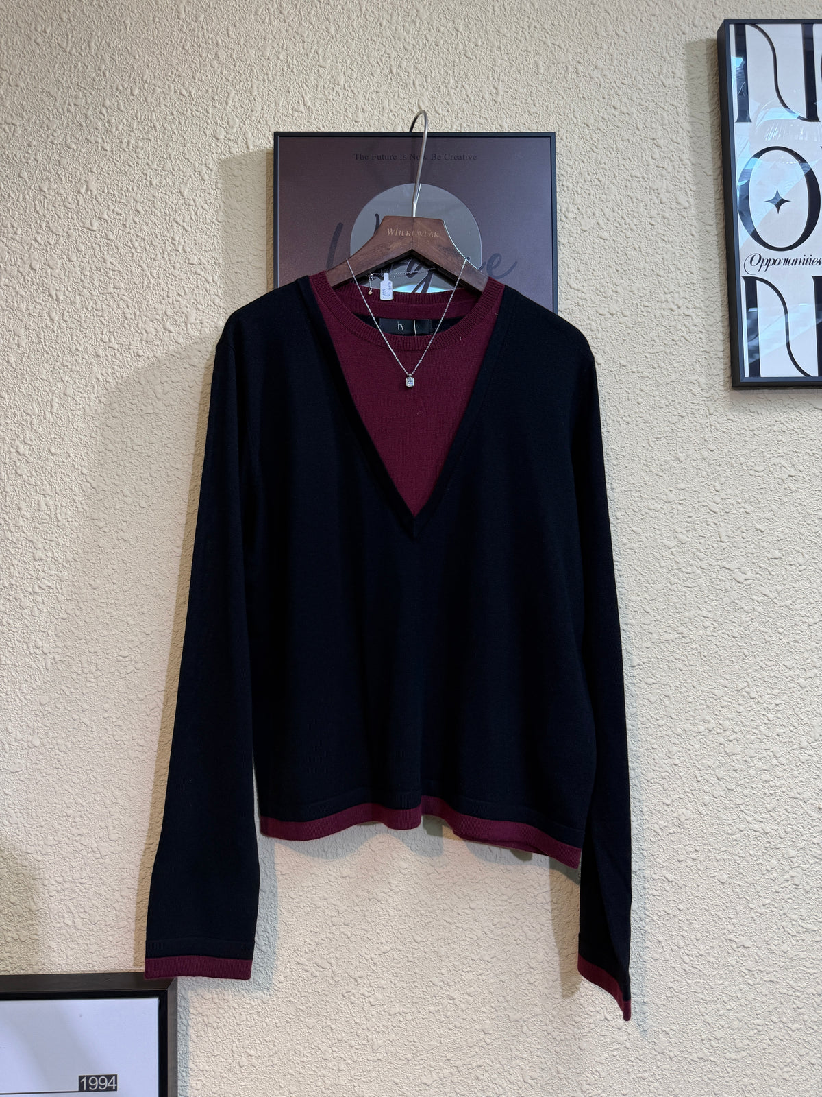 Fake two pieces big v collar knitted top #00934
