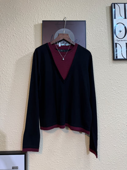 Fake two pieces big v collar knitted top #00934